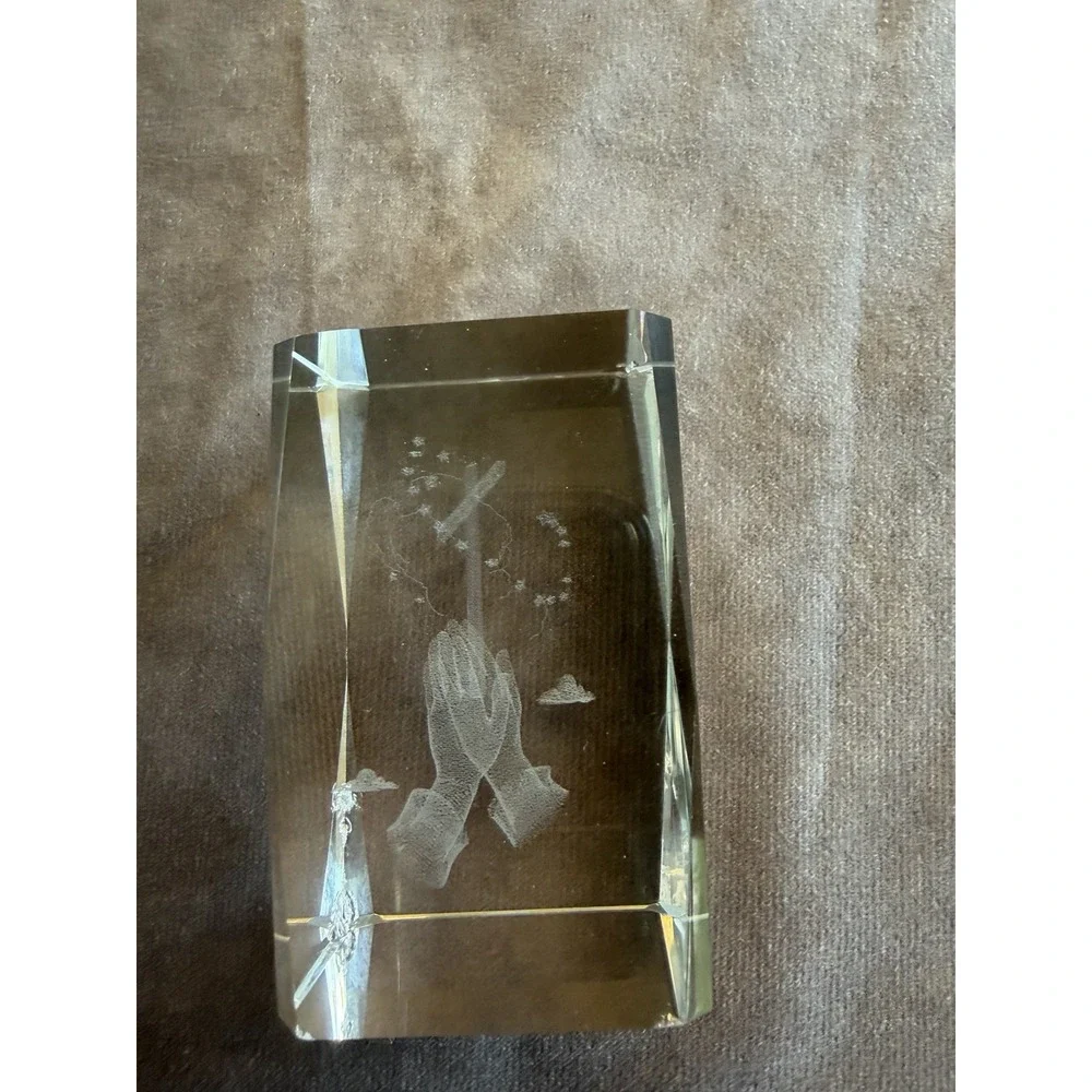 3D Laser Etched Cross & Praying Hands Crystal Glass Paperweight Home Or Office